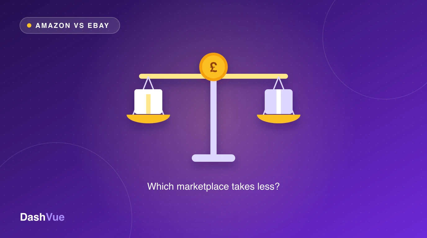 Amazon vs eBay fees UK 2026: a balance scale weighing two parcels under a pound coin