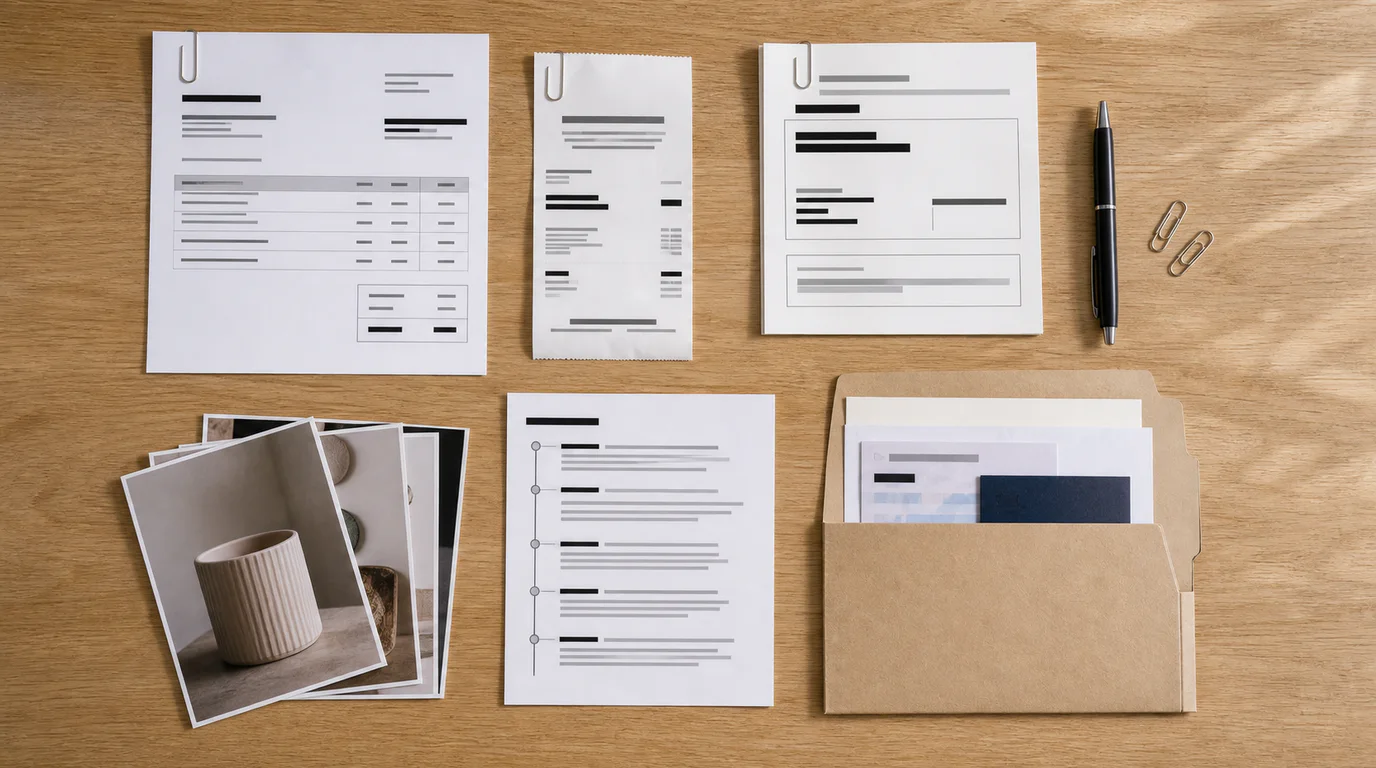 Supplier invoices, receipts, tracking records and product photographs arranged as an account-review evidence pack.
