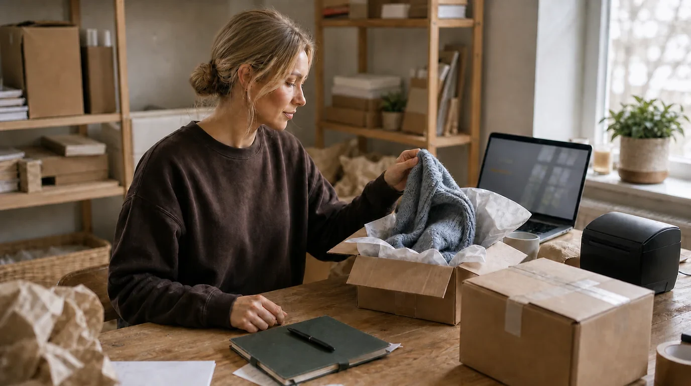 DashVue co-founder checking a returned item beside a sealed customer parcel, label printer and payout dashboard.