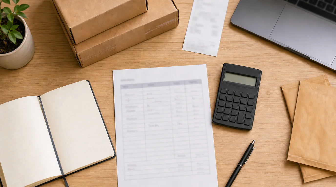 Postage records, a calculator, calendar and cash-flow notes arranged on an online seller’s desk.