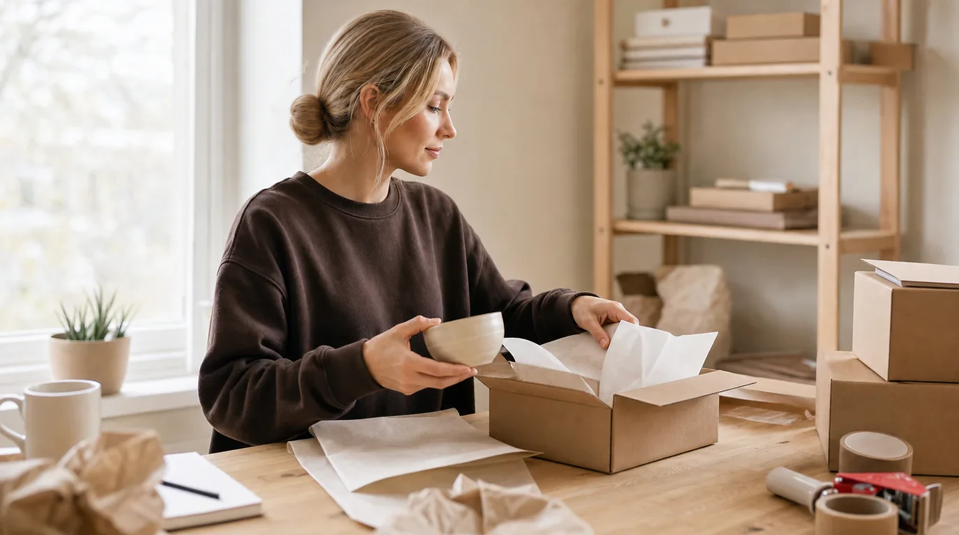 DashVue co-founder packing stock in an organised home fulfilment workspace after reviewing inventory.