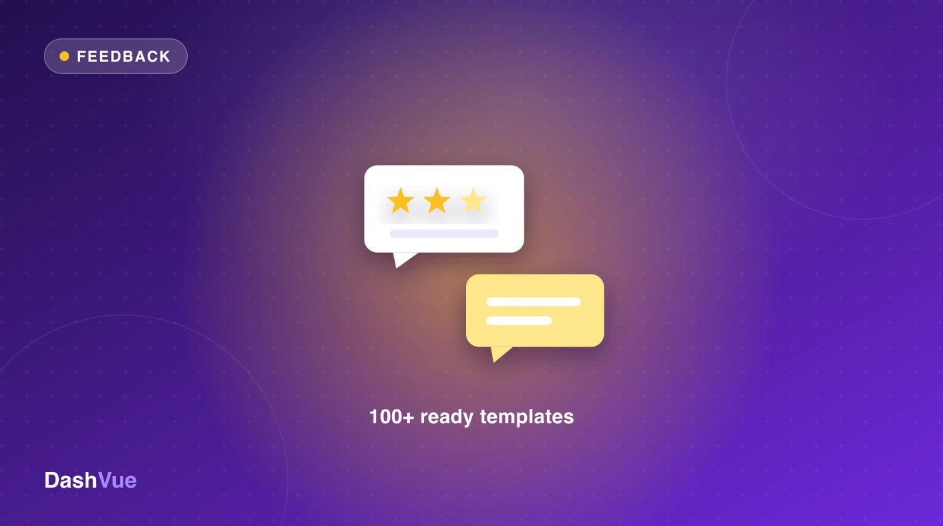A speech bubble with gold stars and a yellow reply bubble, with the tagline 100+ ready templates