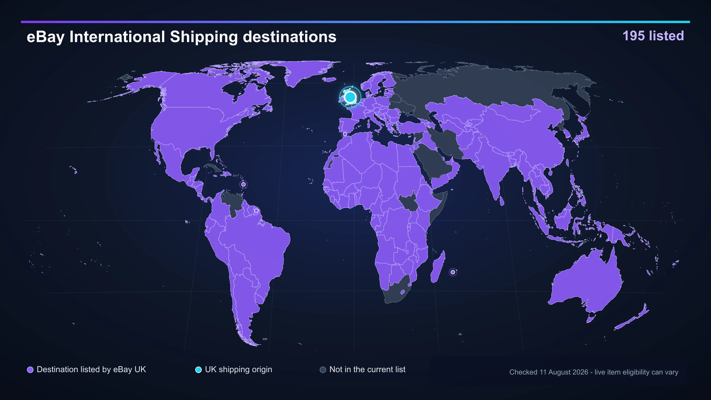World map showing 195 eBay International Shipping destinations in purple and the UK shipping origin in cyan.