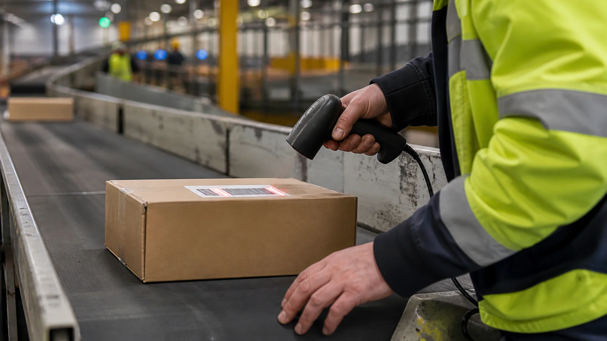 Warehouse worker scanning an unbranded cardboard parcel as it enters a sorting hub.