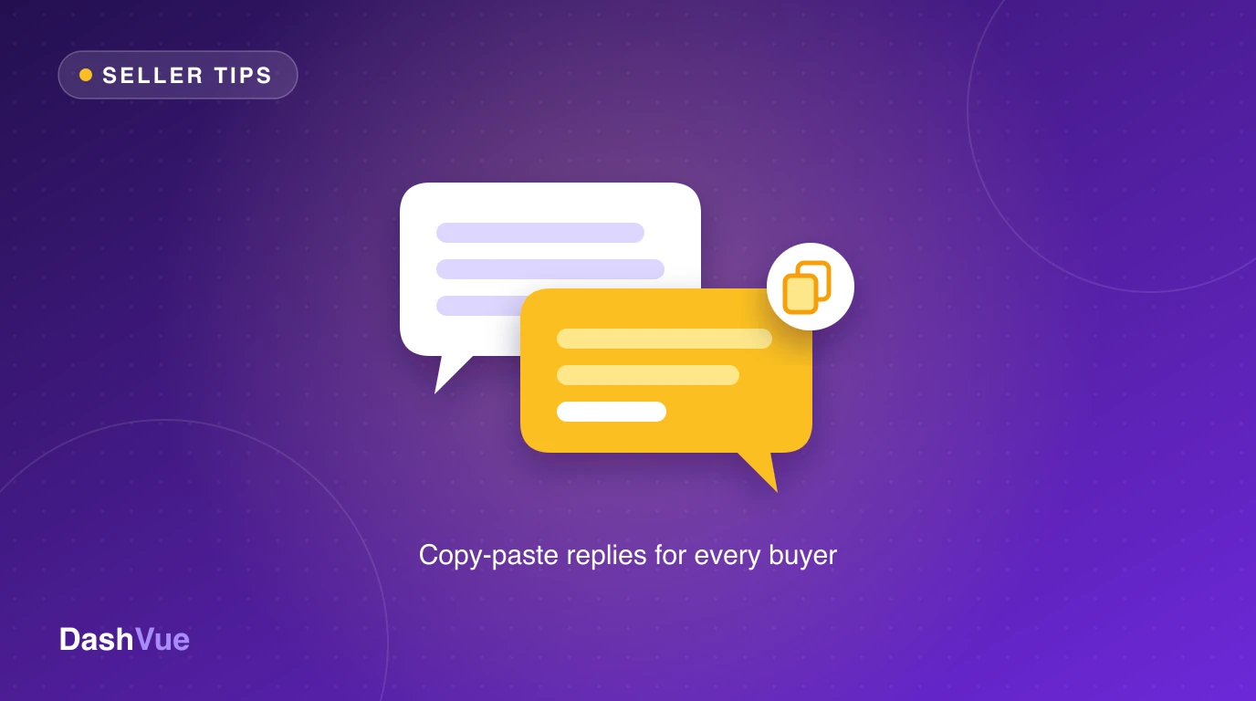 Two chat bubbles and a copy icon on a purple background, with the tagline Copy-paste replies for every buyer.