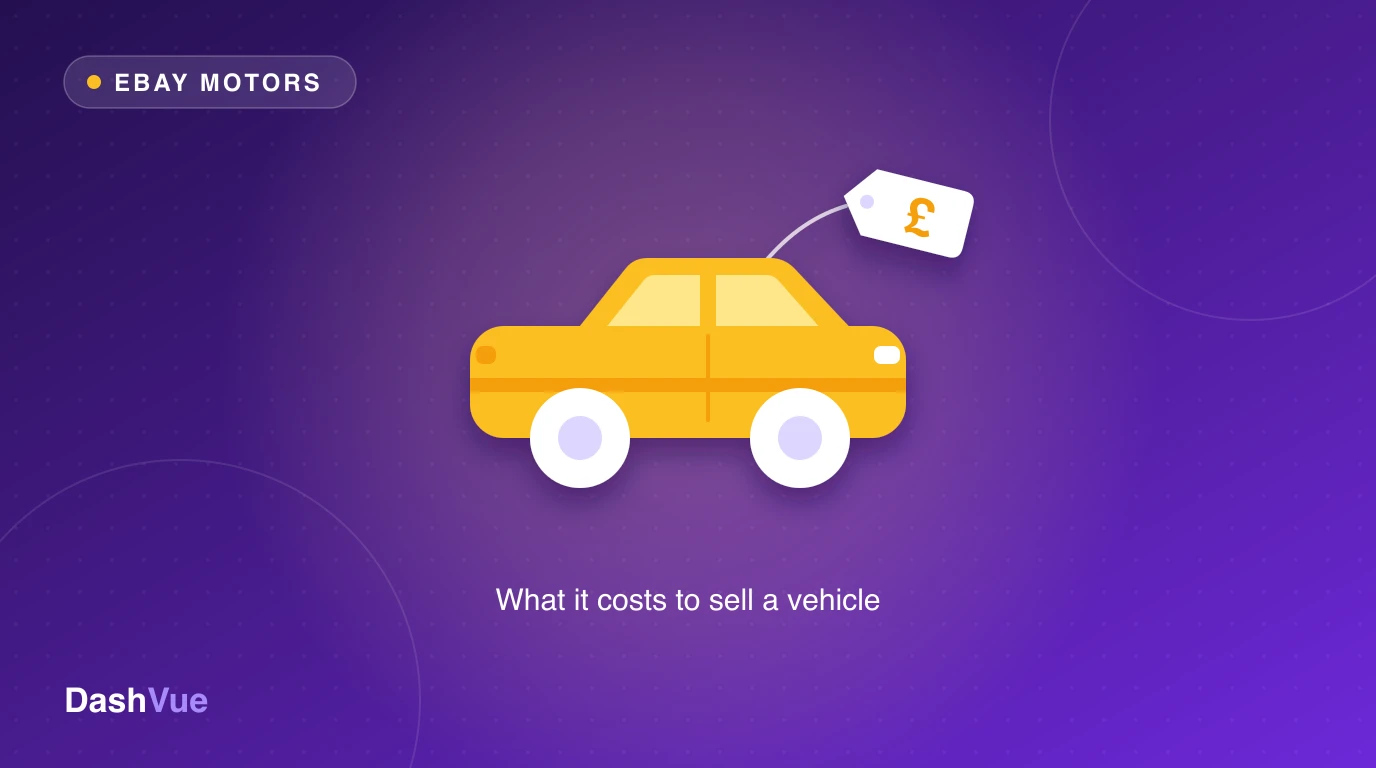 eBay Motors fees UK 2026: a flat yellow car with a £ price tag on a purple background, captioned What it costs to sell a vehicle