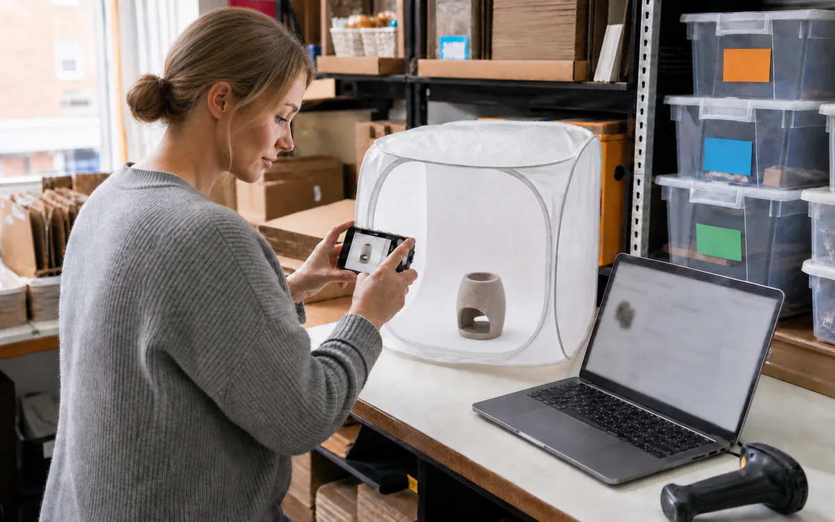 DashVue co-founder photographing a product in a light tent beside a laptop, barcode scanner and organised storage bins.