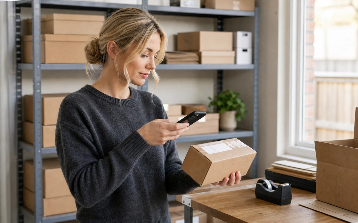 DashVue co-founder scanning a boxed item's barcode with a smartphone beside organised stock bins.
