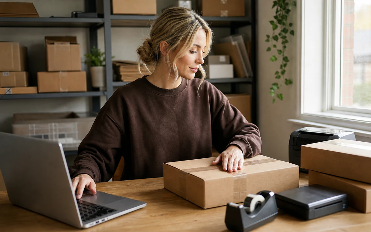 DashVue co-founder checking an order on a laptop while sealing a parcel beside postal scales and a label printer.