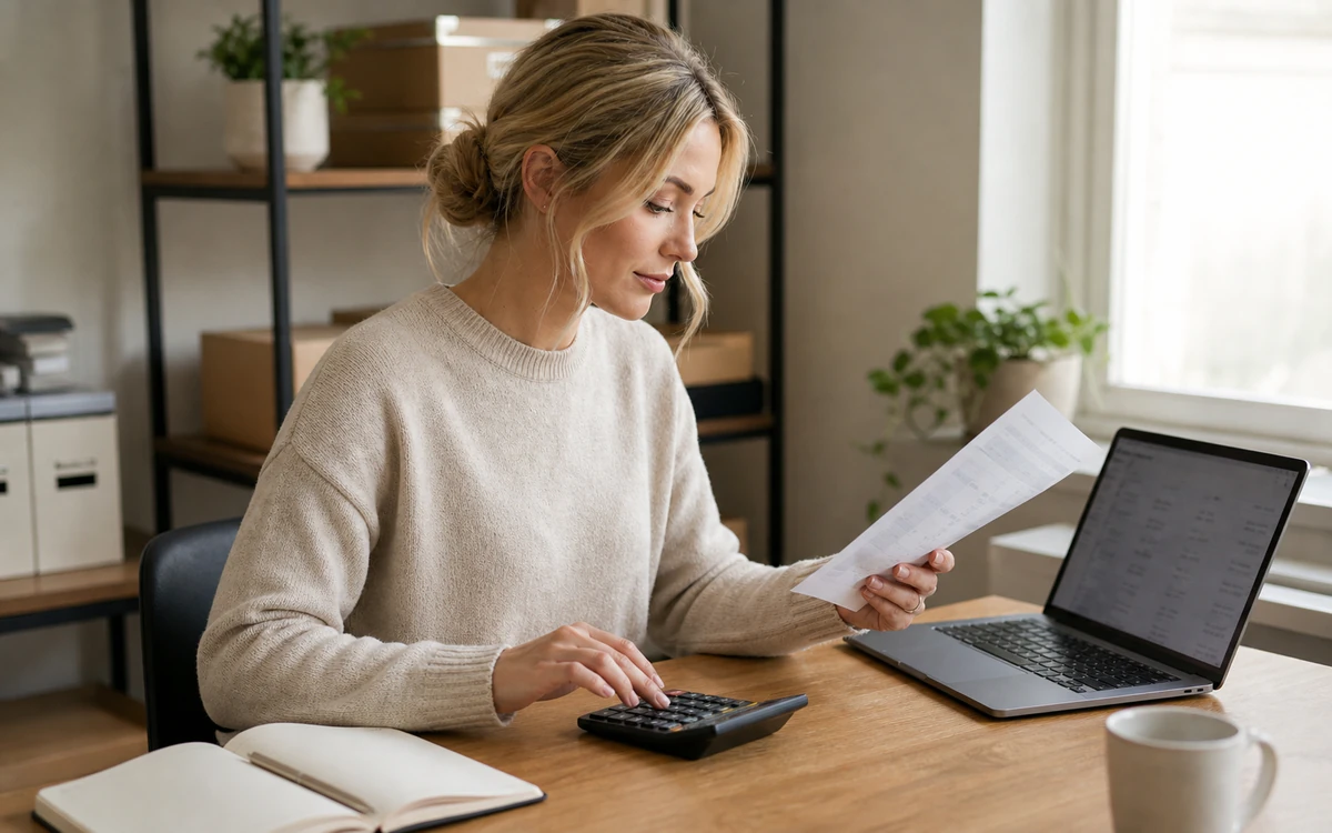 DashVue co-founder reconciling marketplace transactions with a laptop, calculator, notebook and paperwork.