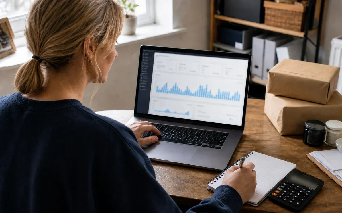 DashVue co-founder carrying out a weekly performance review with a laptop, notebook, calculator and packed parcels nearby.