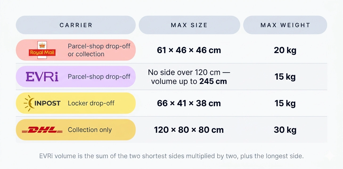 eBay Simple Delivery carrier maximum sizes and weights — Royal Mail 61 × 46 × 46 cm up to 20 kg, EVRi no side over 120 cm and volume up to 245 cm up to 15 kg, InPost 66 × 41 × 38 cm up to 15 kg, DHL 120 × 80 × 80 cm up to 30 kg