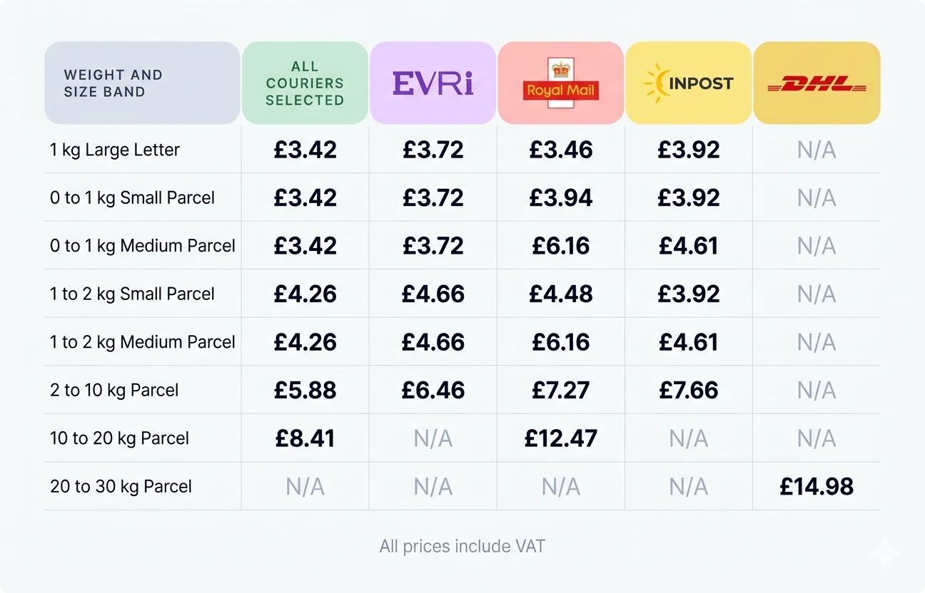eBay Simple Delivery UK prices for items over £100 in 2026, broken down by weight band (Large Letter 1kg through 20-30kg) and courier preference (All couriers, EVRi only, Royal Mail only, InPost only, DHL only)
