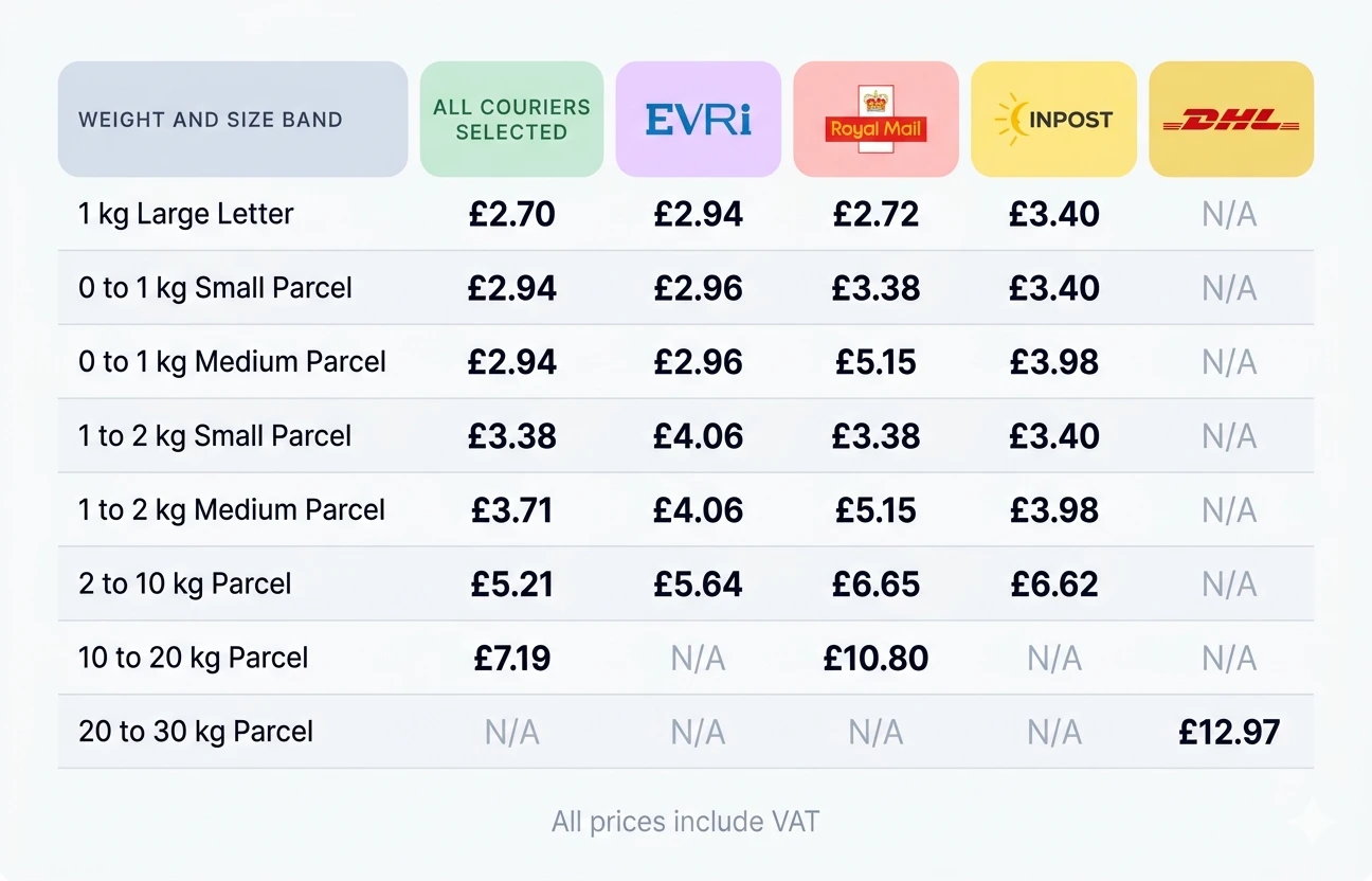 eBay Simple Delivery UK prices for items £100 or less in 2026, broken down by weight band (Large Letter 1kg through 20-30kg) and courier preference (All couriers, EVRi only, Royal Mail only, InPost only, DHL only)