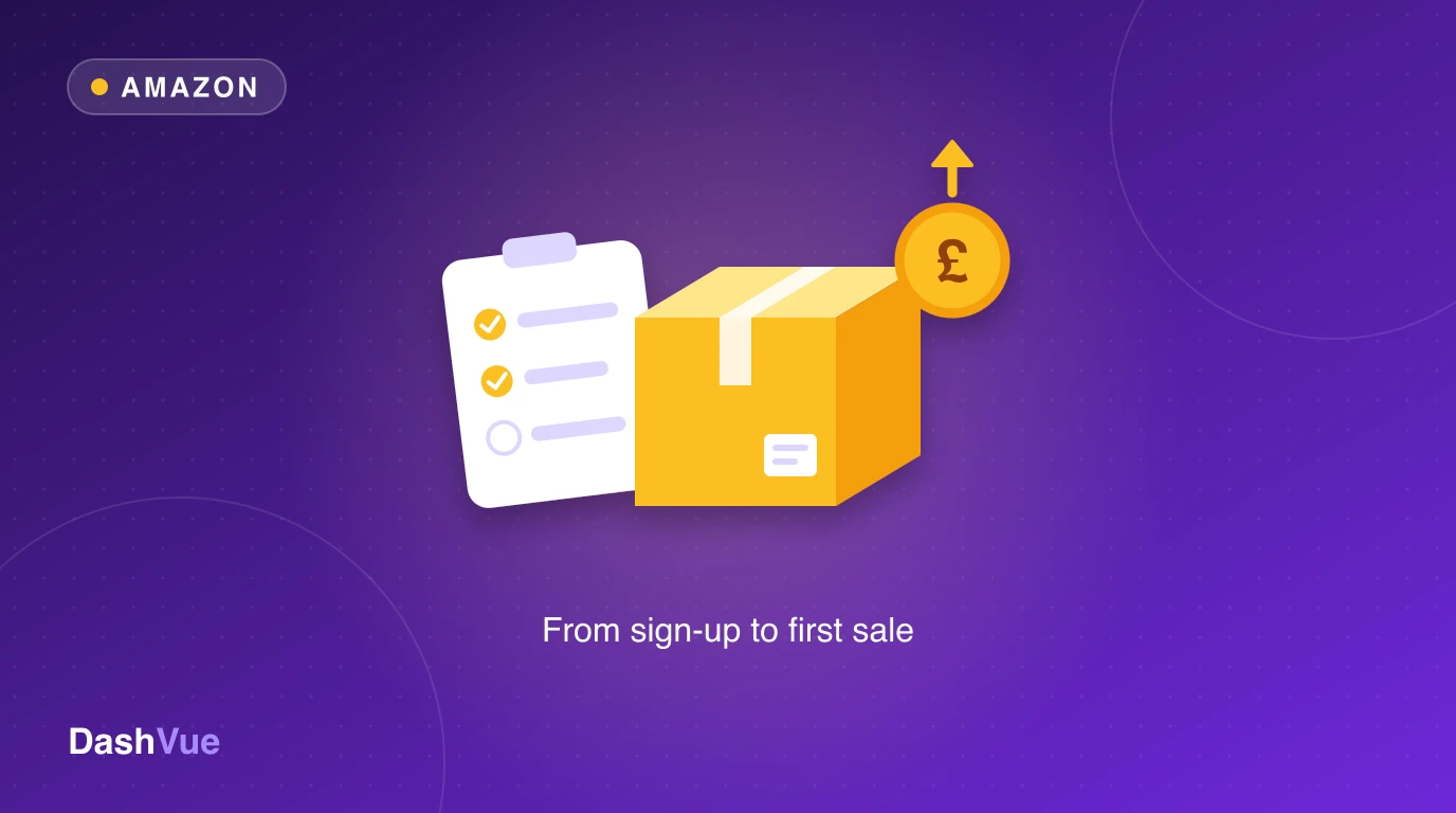 How to sell on Amazon UK: a flat illustration of a ticked checklist, a parcel and a pound coin with an upward arrow on a purple background, captioned From sign-up to first sale