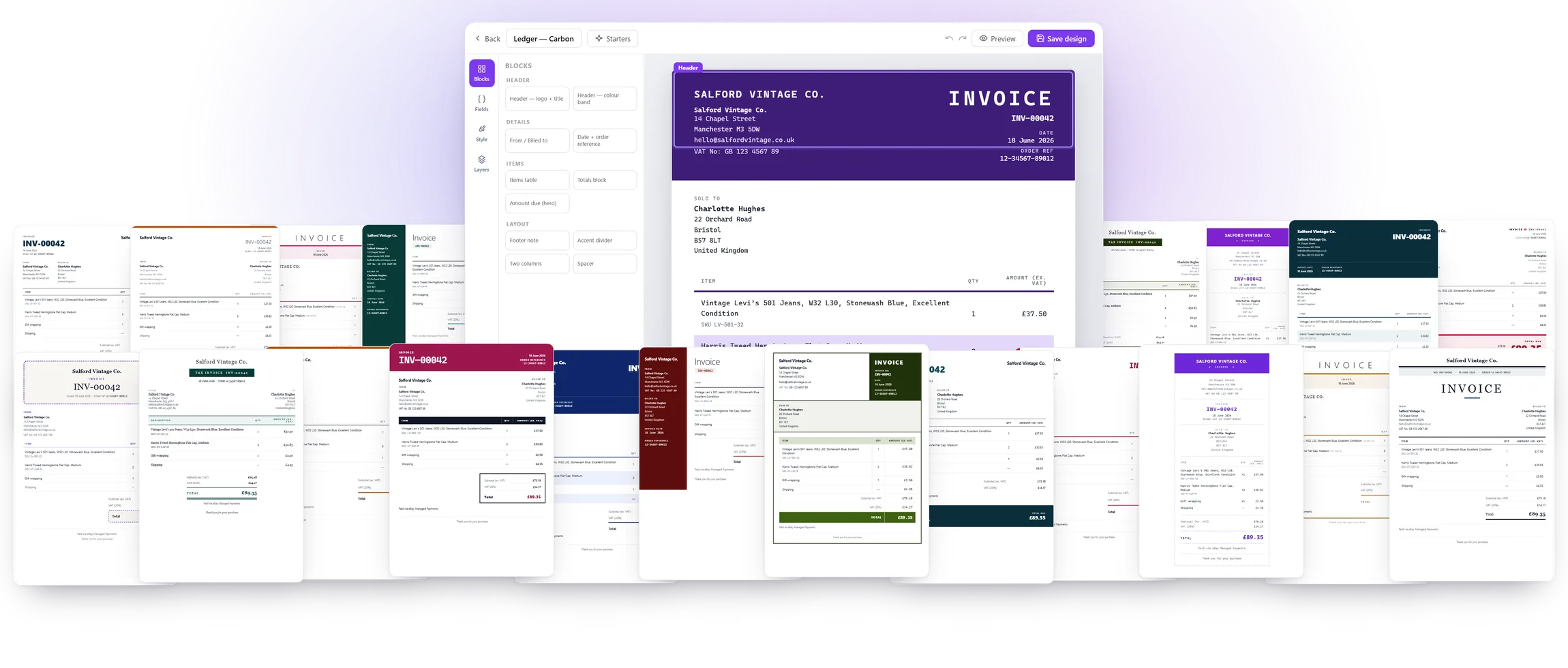 The DashVue visual Invoice Designer: a drag-and-drop editor with invoice blocks (header, from / billed-to, items table, totals, amount due), surrounded by the real invoice templates that ship with DashVue — Ledger, Classic, Bold, Modern, Boutique, Craft, Contrast, Boxed, Editorial, Receipt and Minimal styles — each a full A4 invoice auto-branded to the seller's colour, filled with sample data.