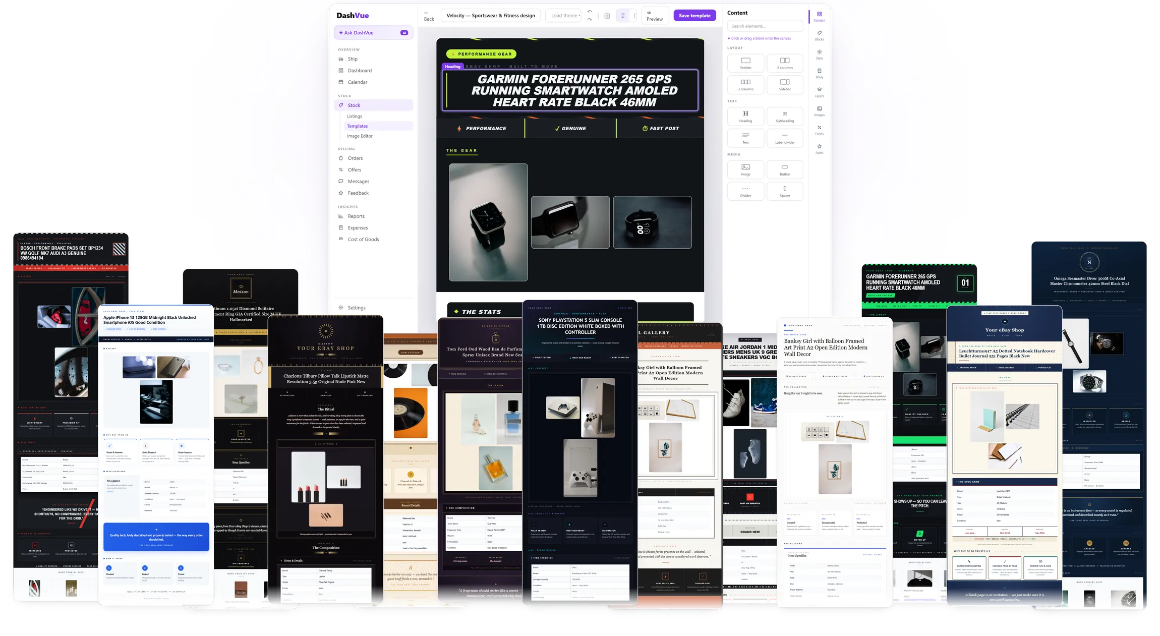 The DashVue visual Listing Designer: a drag-and-drop editor with eBay merge-field blocks (Title, Photos, Description, Item specifics, More from shop), surrounded by a spray of category-tuned eBay listing template designs — fashion, electronics, homeware, beauty, collectables, automotive, books, sportswear, watches and more — each a full listing with a branded header, photo gallery, item specifics table and a more-from-my-shop grid.